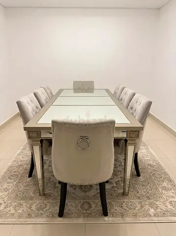 8-Seater Elegant Mirrored Dining Table with Upholstered Chairs