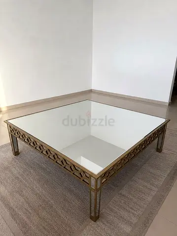Square Gold Metal Coffee Table with Mirrored Top