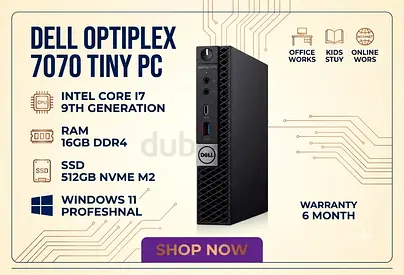 DELL OPTIPLEX 7070 TINY RAM 16GB DDR4 INTEL CORE I7 9TH GENERATION SSD DRIVE 512GB NVME M2