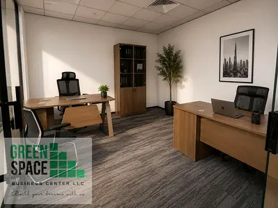 Fully furnished, EJARI-compliant office space with 24/7 access, utilities included, reception support, conference room, and ready-to-use workstations.