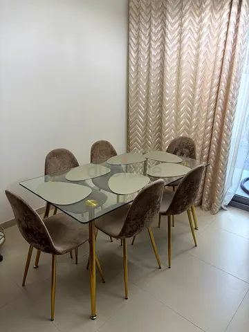 Glass Top Dining Table with 6 Velvet Chairs - Gold Legs