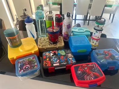 Mixed kids lunch boxes and water bottles set (Marvel assorted) - good condition
