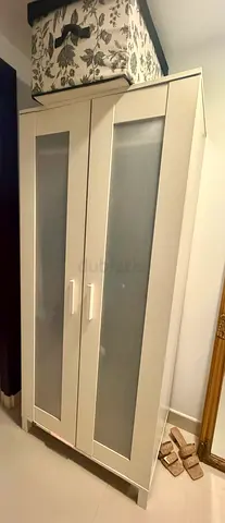 White 2-Door Wardrobe/Armoire with Frosted look alike Glass Panels - Good Condition