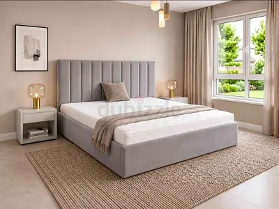 Grey Upholstered Double Bed Frame with Headboard and Mattress