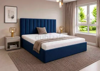 Brand new King Size Upholstered Bed Frame with Vertical Channel Headboard - Blue