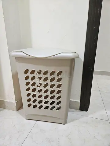 Plastic Laundry Basket with Lid - Beige, Good Condition