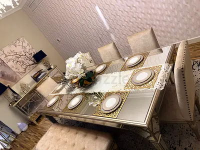 Elegant mirrored dining table with 6 upholstered chairs and bench