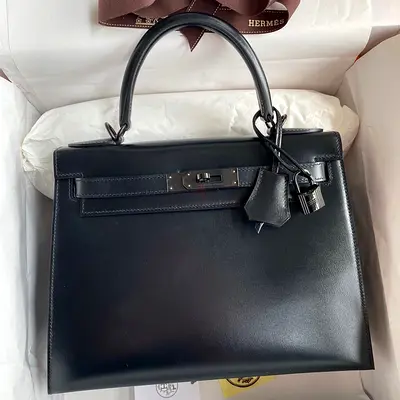 Hermes Kelly Sellier 28 In Black Box Calfskin