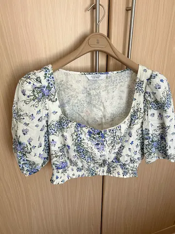 Other Stories, White linen floral puff-sleeve cropped blouse, size L-XL