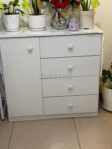 White Wooden Cabinet with Drawers and Door - Compact Storage