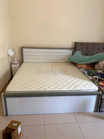 White wooden double bed frame with mattress - good condition