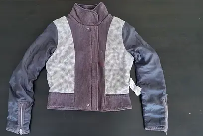 Short womens bomber jacket - size Euro Medium, grey/purple mixed fabrics, zip cuffs