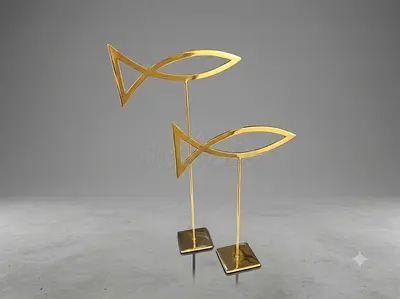 Pair of Modern Gold Metal Fish Sculptures on Stands