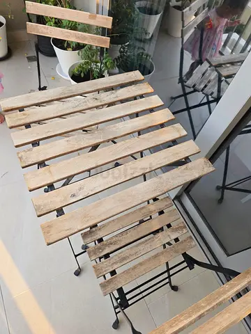 Ikea Wooden slat folding bistro table and two chairs set - light rustic finish.