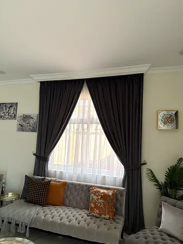 Dark grey full-length curtains with sheer white liners - set of panels
