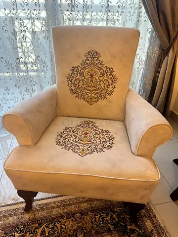 2 Beige Upholstered Accent Armchairs with Embroidered Back and Seat