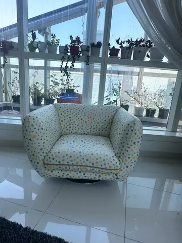 Single Fabric Armchair,Revolving — Light Polka Dot Pattern, Good Condition