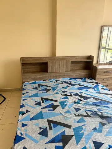 Wooden Double Bed Frame with Headboard Storage - Good Condition with mattress 2 memory foam pil