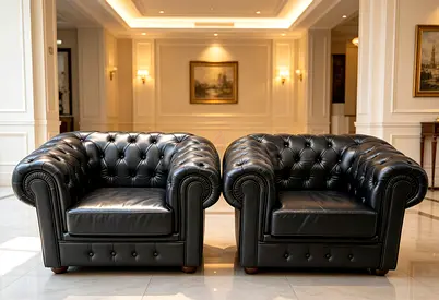 Pair of Classic Black Leather Chesterfield Armchairs - Solid Wood Frame
