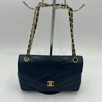 Classic Quilted Black Chevron Leather Chain-Handle Shoulder Bag,
