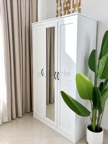 White 3-Door Wardrobe with Center Mirror - Good Condition