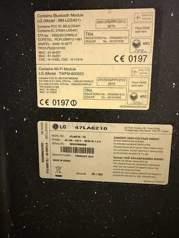 LG 47LA6210 TV - Back Panel Labels (Used)