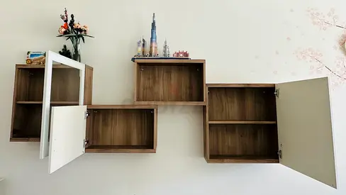 Wall-mounted modular display cabinets - set of 6+1, white wood finish, glass and gloss finish door