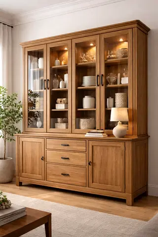Solid Wood Large Display Cabinet with Storage - 4 Glass Doors