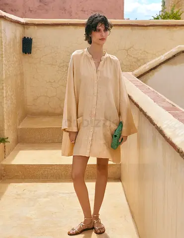 Beige lightweight linen long-sleeve shirt-dress, size M