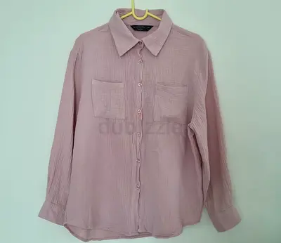 Pink Long-Sleeve Cotton Button-Up Blouse, Size L