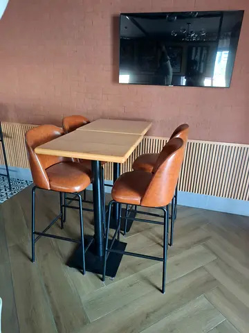 Wood Top Bar Table with 4 Brown Leather Bar Stools - Good Condition