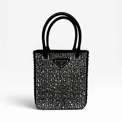 AUTHENTIC PRADA METAL PANIER SMALL BLACK SATIN CRYSTAL TOTE
