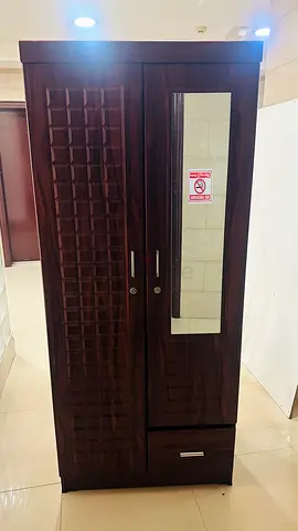 Dark Wood 2-Door Wardrobe with Mirror and Drawer - Good Condition