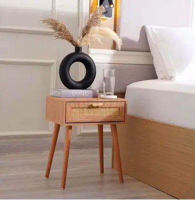 Pan Home natural oak Mid-century Wooden Bedside Nightstand set with Rattan Drawer
