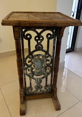 Vintage Wooden Side Table with Decorative Cast Iron Panel