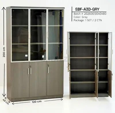 Grey 3-Door Office Storage Cabinet with Glass Upper Doors (200cm H, 120cm W)