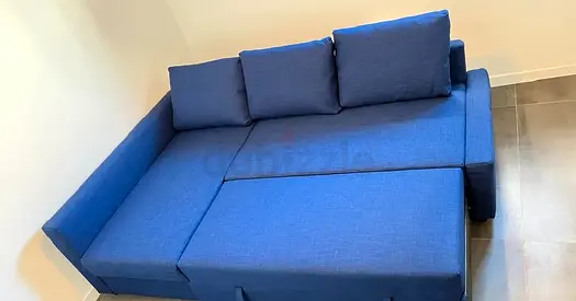 Blue Fabric L-Shaped Sofa Bed with Cushions