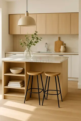 IKEA-style Wooden Kitchen Island with Storage Shelves
