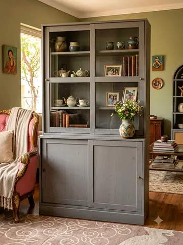 Ikea cabinet Grey Wooden Display Cabinet with Glass Doors — Good Condition