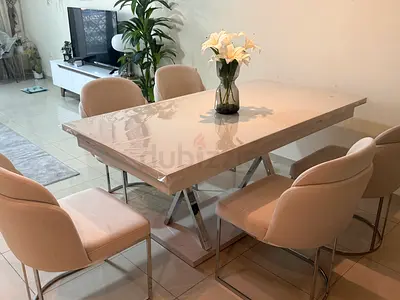 White Top Dining Table with 6 Beige Upholstered Chairs - Excellent Condition