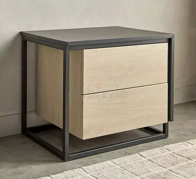 Modern metal-frame bedside table with 2 drawers - light oak