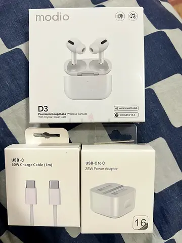 Wireless Bluetooth Earbuds with Charger + USB-C Charger  Cable (Brand New)