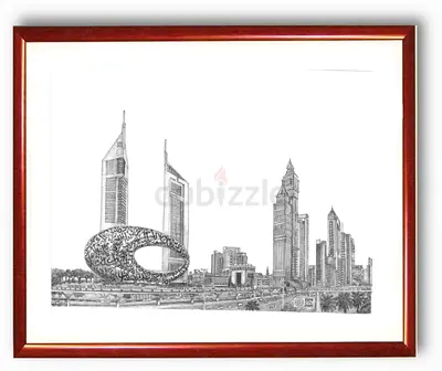 Framed Pencil Drawing of Dubai Skyline (Burj Khalifa  Museum of the Future)