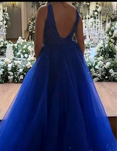 Royal Blue Sequin Tulle Evening Gown - Deep V Back