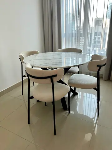 Round Marble Top Dining Table with Black Metal Cross Base - 110cm. + 4 matching design chairs
