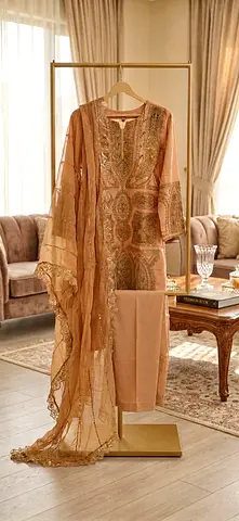 Elegant Embroidered Peach Salwar Kameez Set