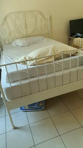 White metal double bed frame with headboard and footboard - sturdy, good condition+ 14inch mattress