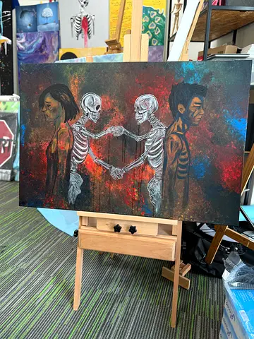 Original Figurative Painting - Skeletons Forming Heart Between Two Figures