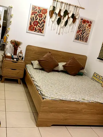Queen-size wooden bed frame with bedside drawer - Mattress - Good condition- PAN Home brand - New