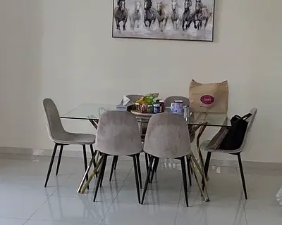 Glass Top Dining Table with 6 Velvet Chairs - Light Grey